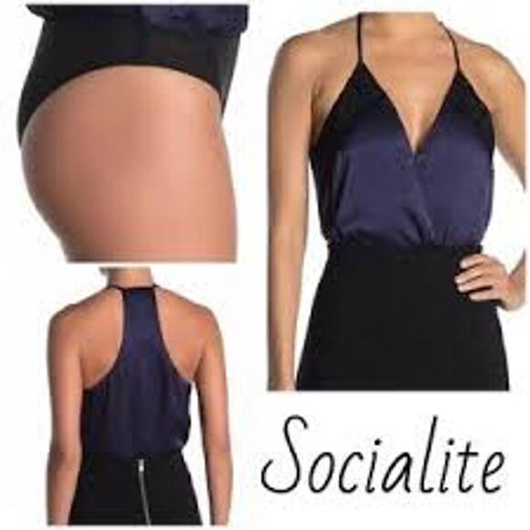 Socialite Satin Lace Sleeveless Bodysuit Racer Back Tank Top Black Blue S NWT - Picture 13 of 13